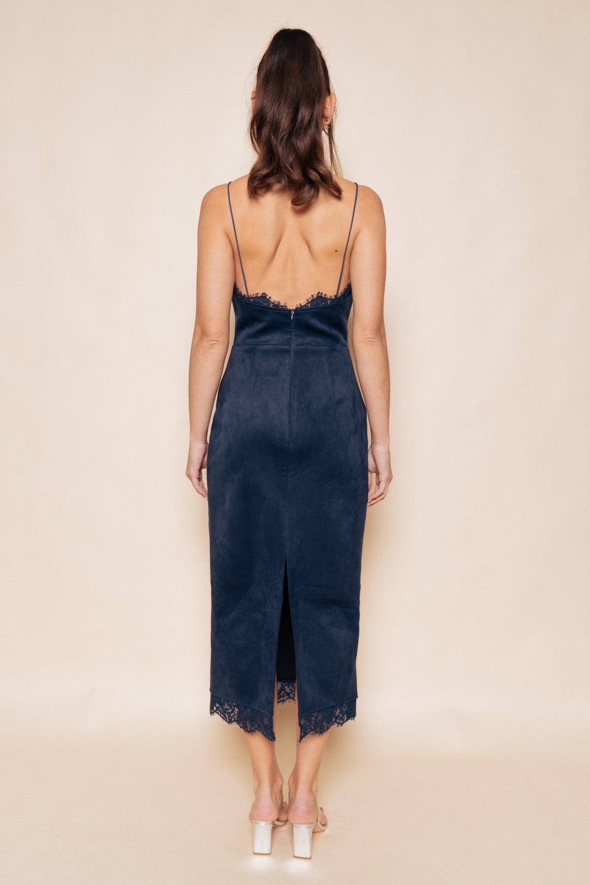 Lace Trim Suede Bodycon Midi Dress