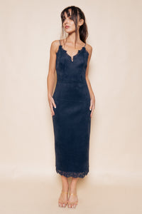 Lace Trim Suede Bodycon Midi Dress