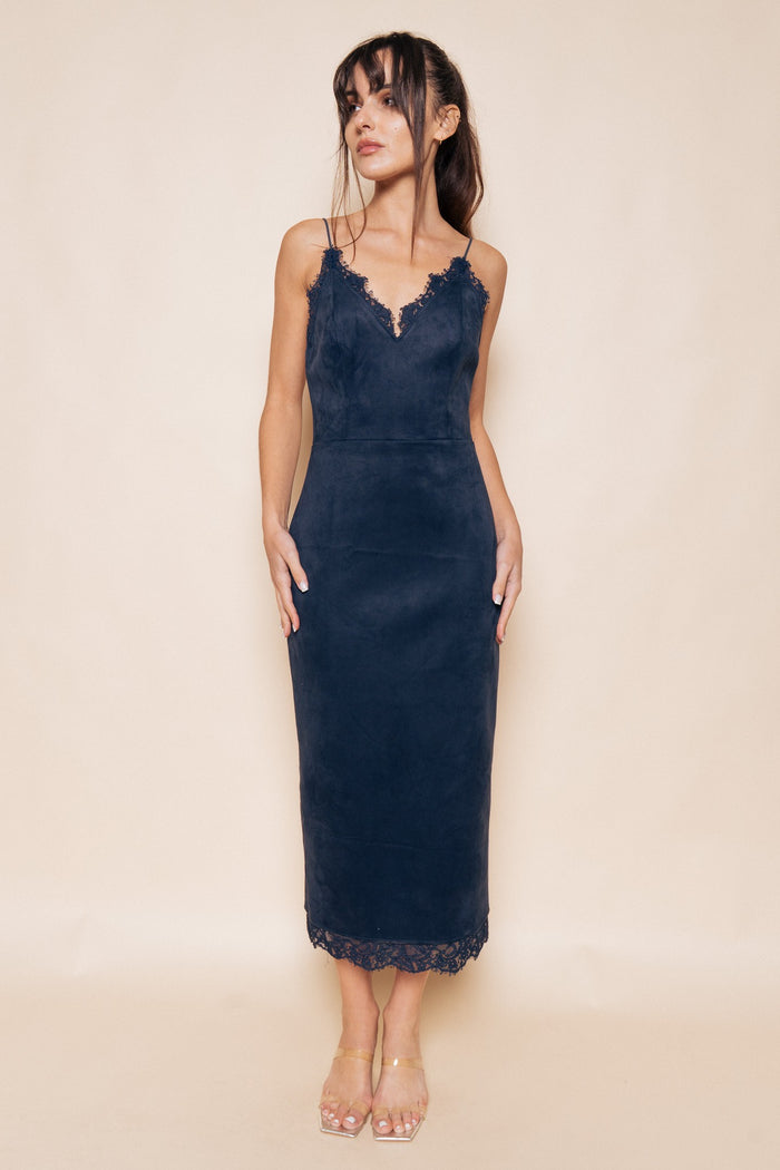 Lace Trim Suede Bodycon Midi Dress