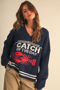 Catch of the Day Lobster Print V-Neck Knit Sweater