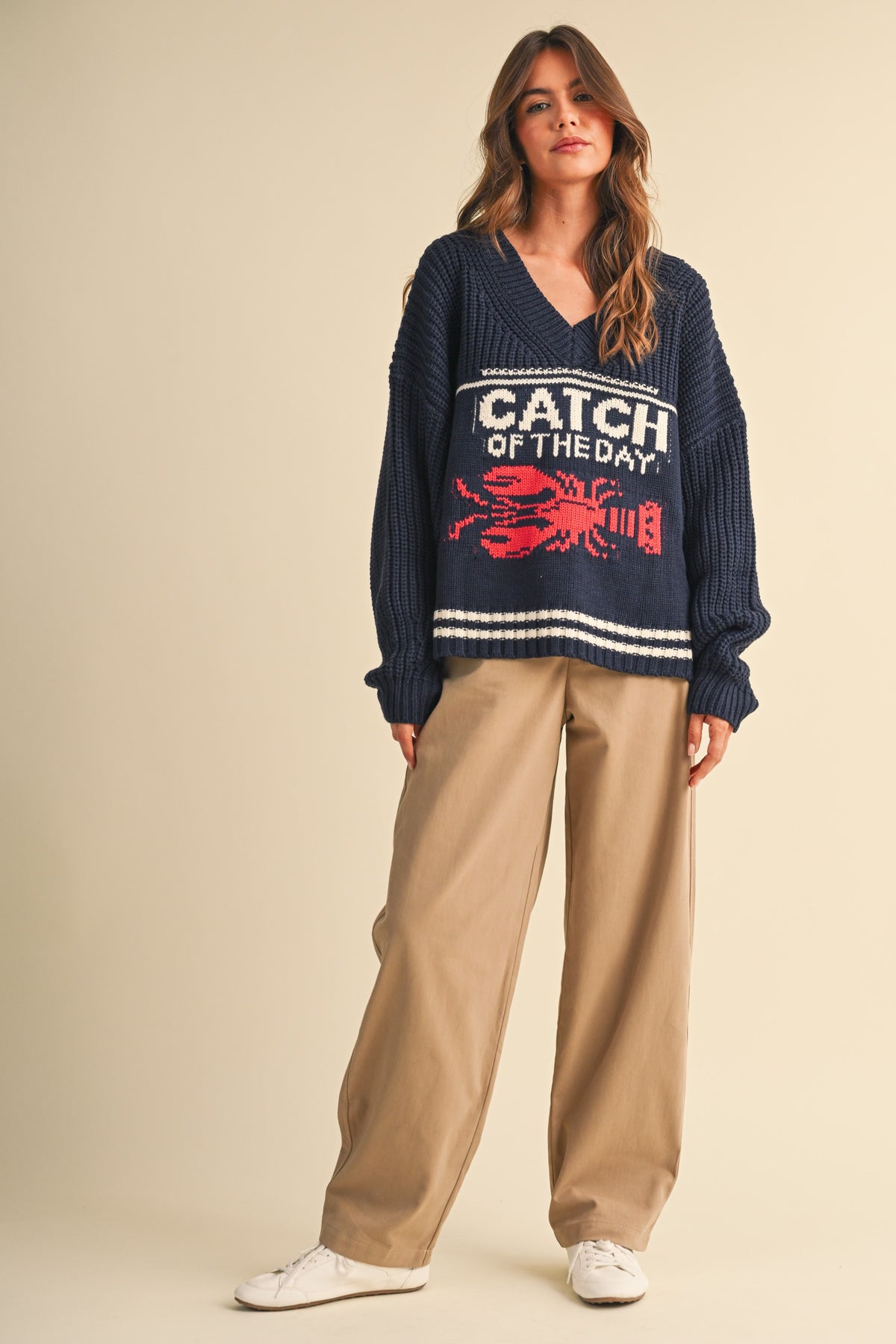 Catch of the Day Lobster Print V-Neck Knit Sweater