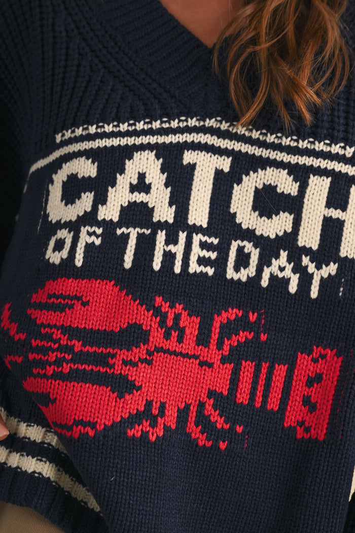 Catch of the Day Lobster Print V-Neck Knit Sweater