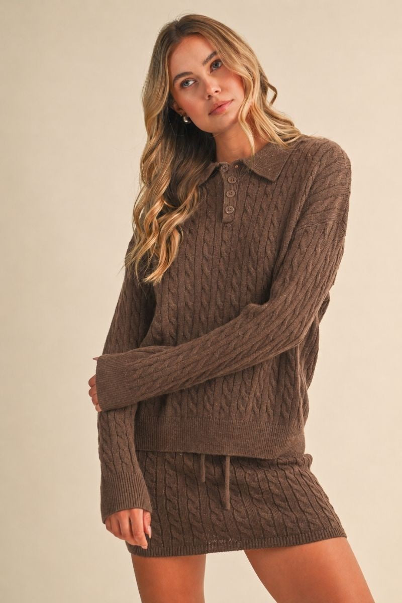 Cable Knit Collared Sweater & Mini Skirt Set