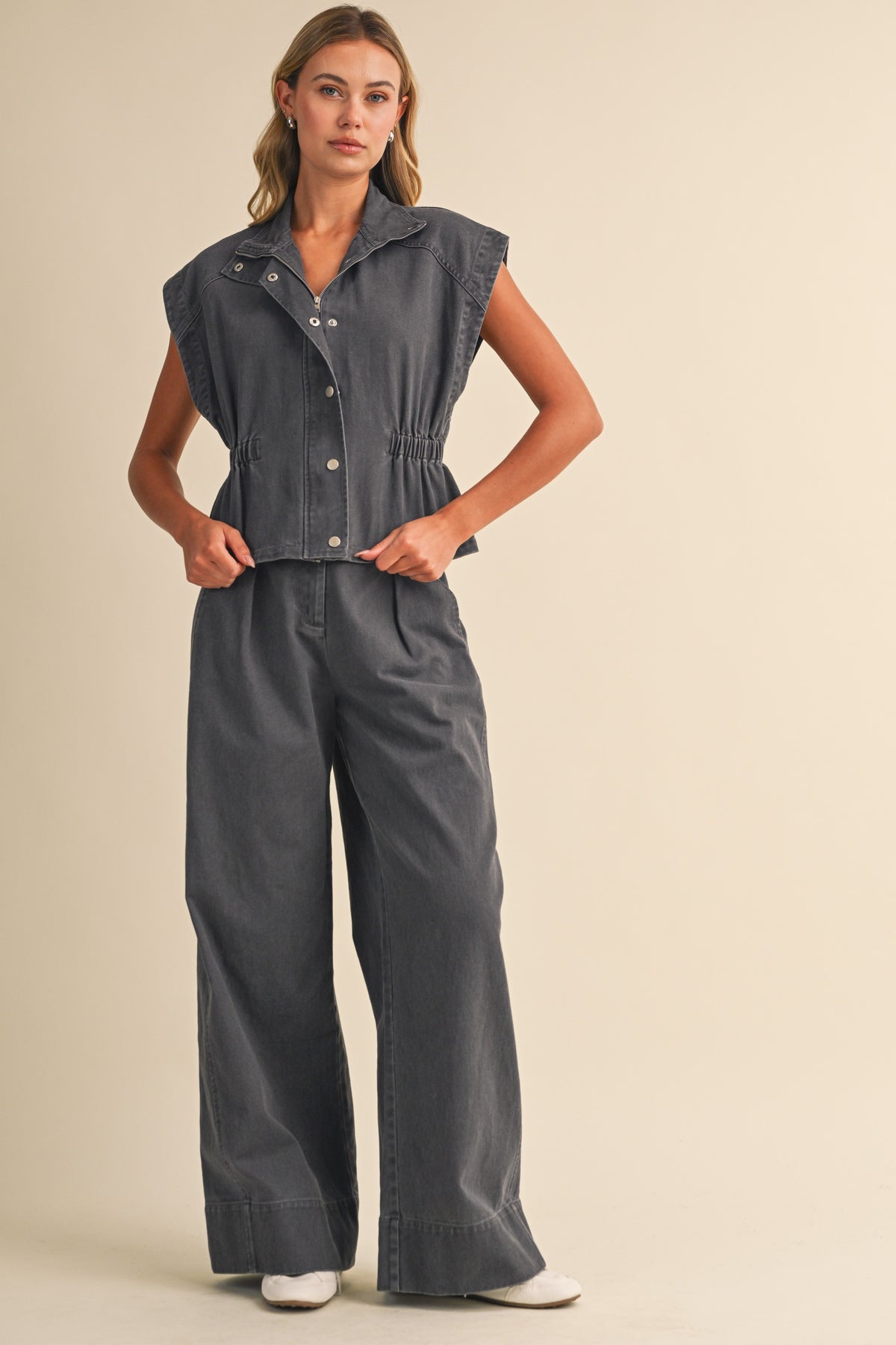 High Collar Denim Vest & Wide Leg Pants Set
