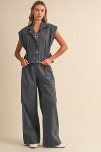 High Collar Denim Vest & Wide Leg Pants Set