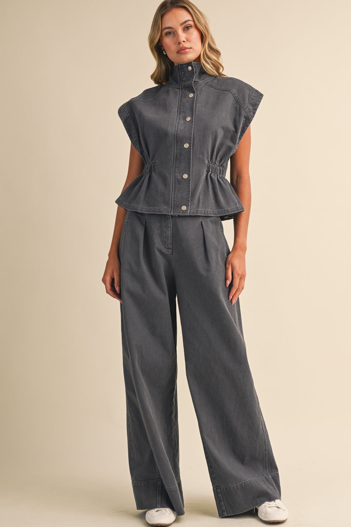 High Collar Denim Vest & Wide Leg Pants Set