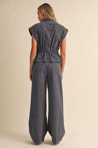 High Collar Denim Vest & Wide Leg Pants Set