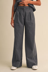 High Collar Denim Vest & Wide Leg Pants Set