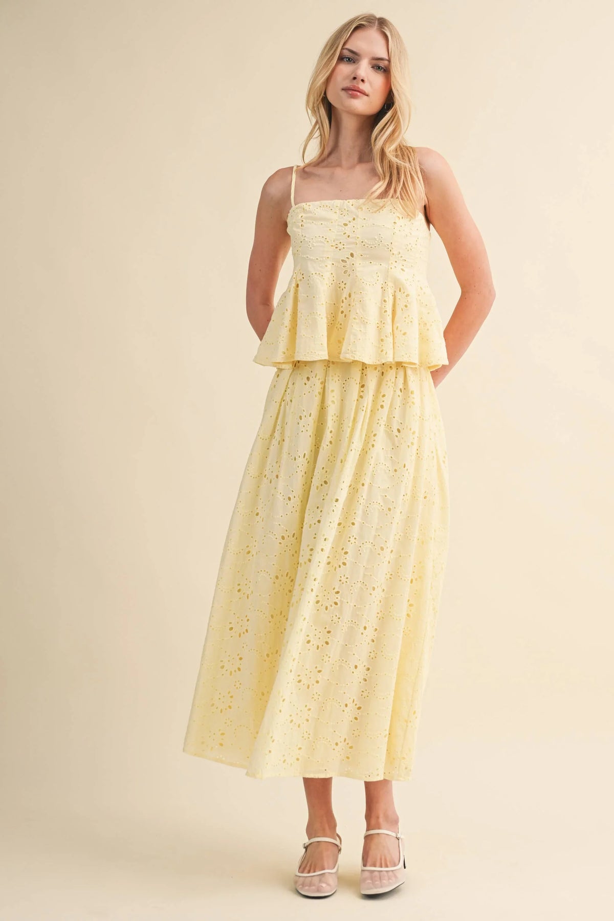EYELET PEPLUM CAMI AND PLEATED FLARE MIDI SKIRT