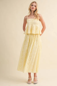 EYELET PEPLUM CAMI AND PLEATED FLARE MIDI SKIRT