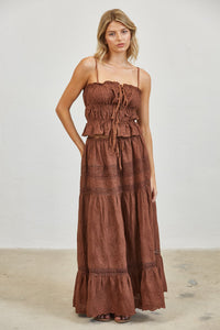 Embroidered Lace Crop Top & Maxi Skirt Set - Brown