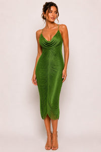 Taseel Ella Tassel Fringe Midi Dress — Olive Green