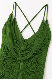 Taseel Ella Tassel Fringe Midi Dress — Olive Green