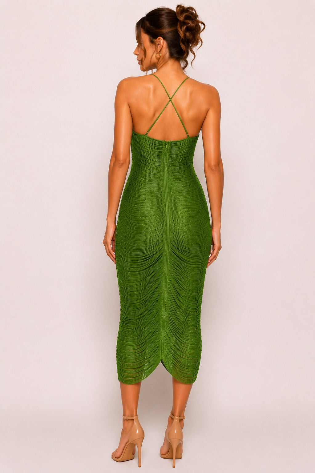 Taseel Ella Tassel Fringe Midi Dress — Olive Green