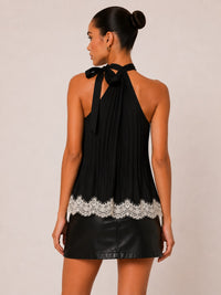 Pleated Halter Swing Top With Contrast Lace Trim