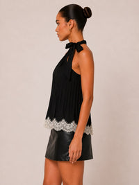 Pleated Halter Swing Top With Contrast Lace Trim
