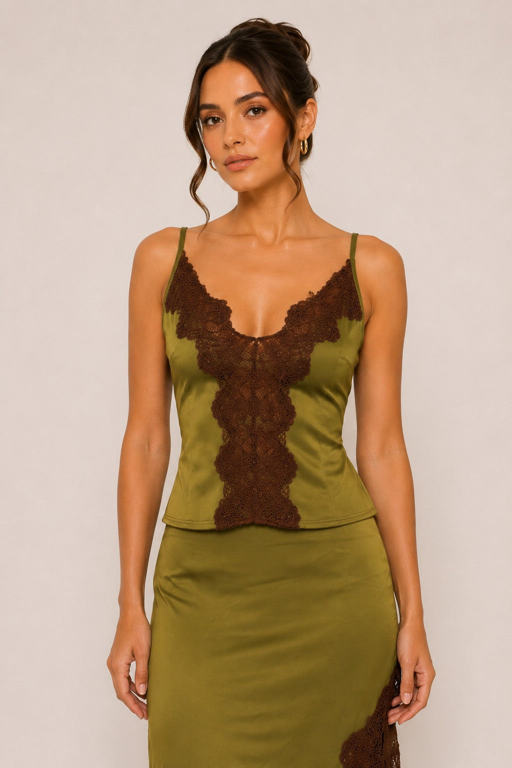 Olive green satin lace rinny maxi tank set