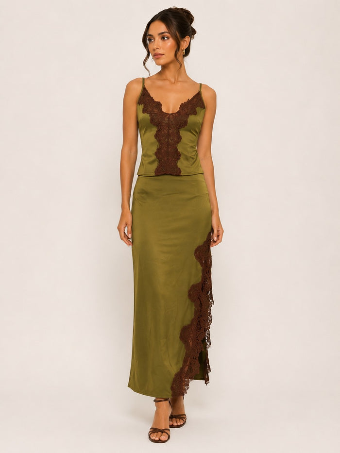 Olive green satin lace rinny maxi tank set