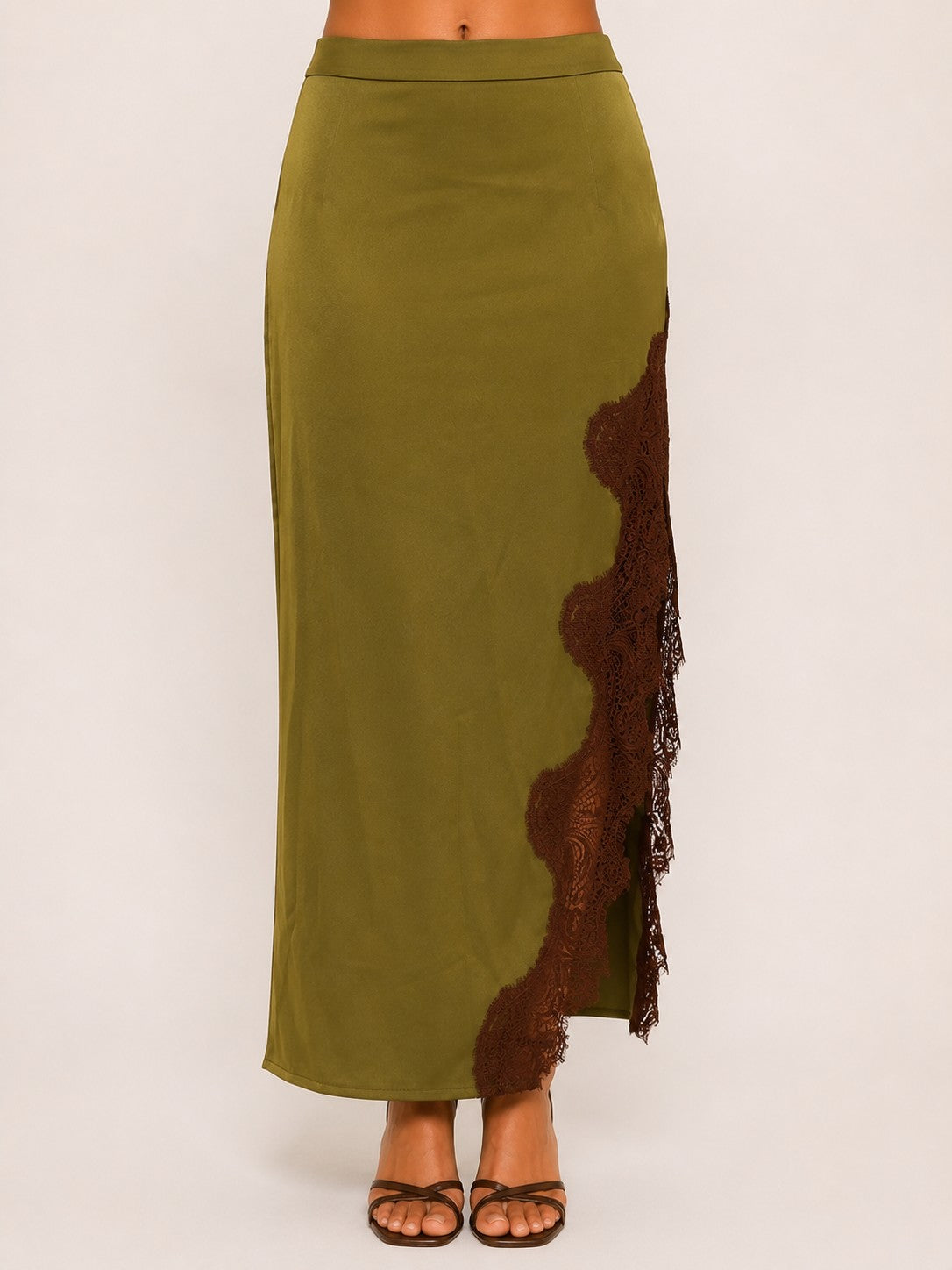 Olive green satin lace rinny maxi tank set