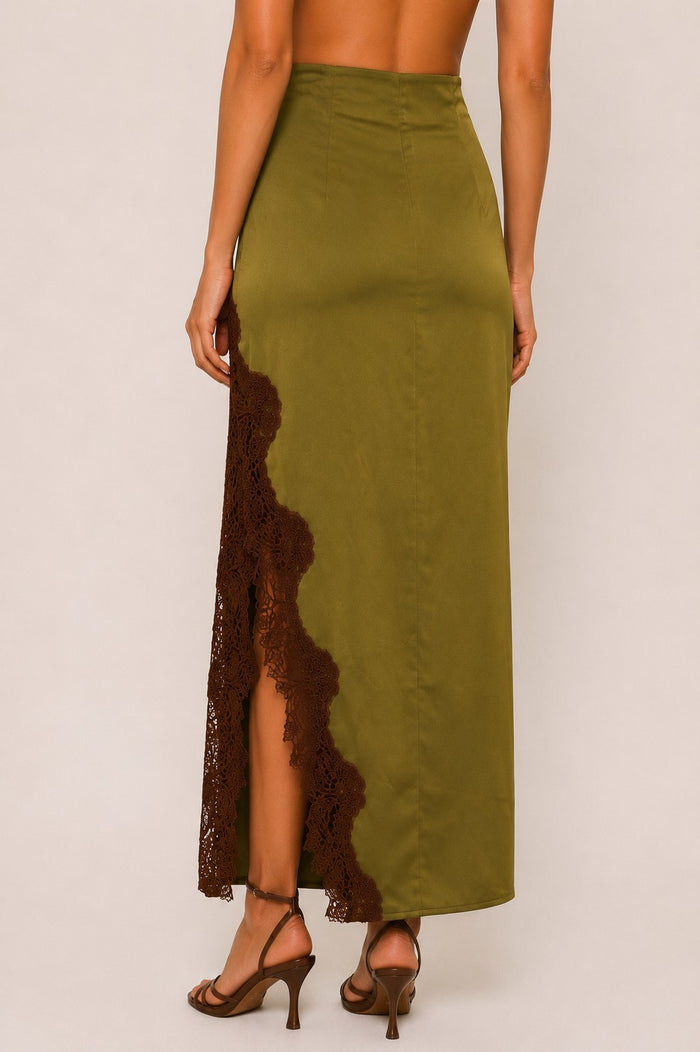 Olive green satin lace rinny maxi tank set