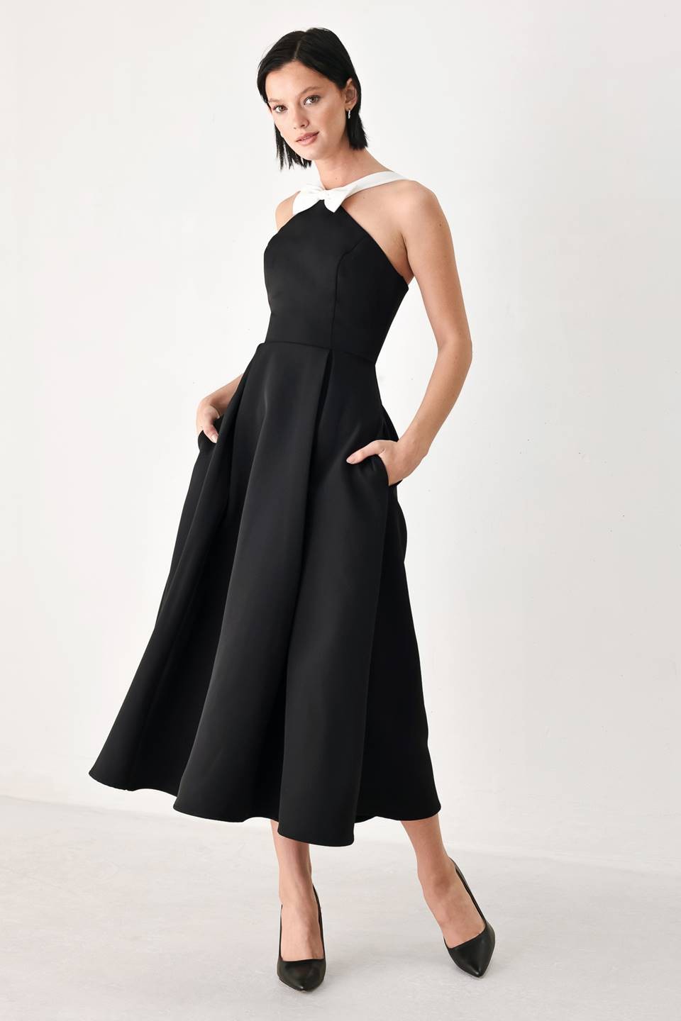 Ana Black & White Bow Midi Dress with Pockets