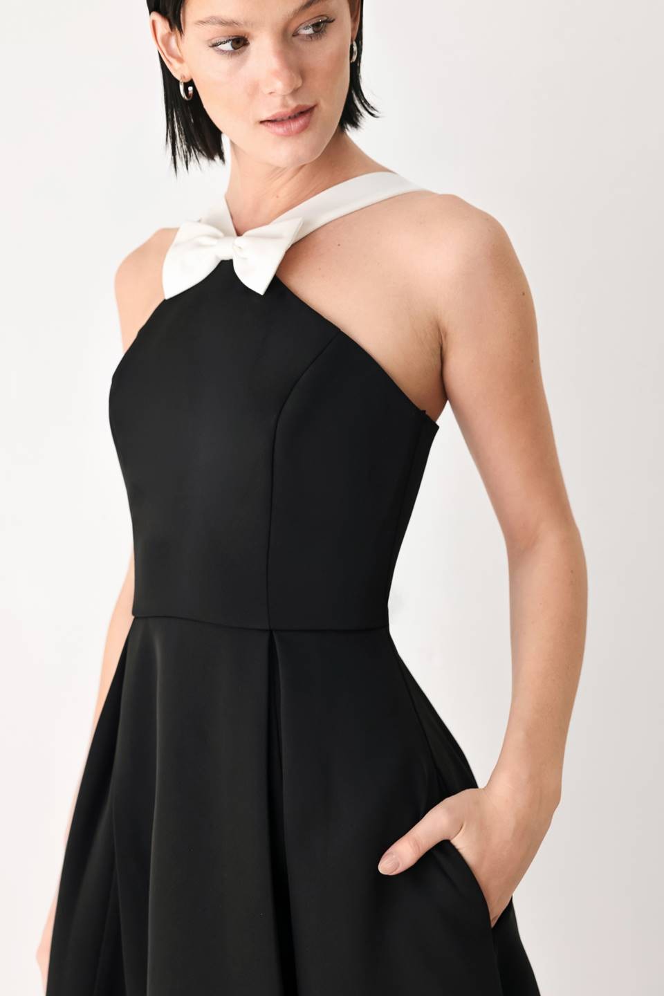Ana Black & White Bow Midi Dress with Pockets