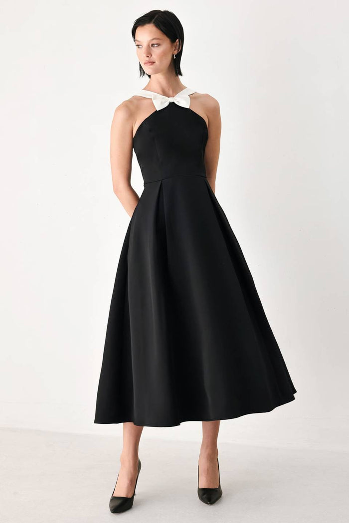 Ana Black & White Bow Midi Dress with Pockets