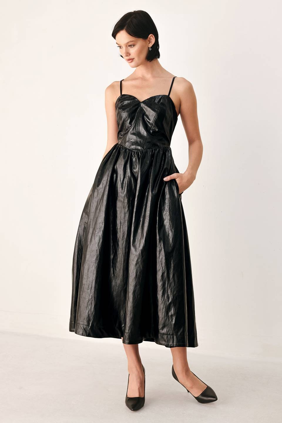 Black Leather-Look Corset Midi Dress with Pockets