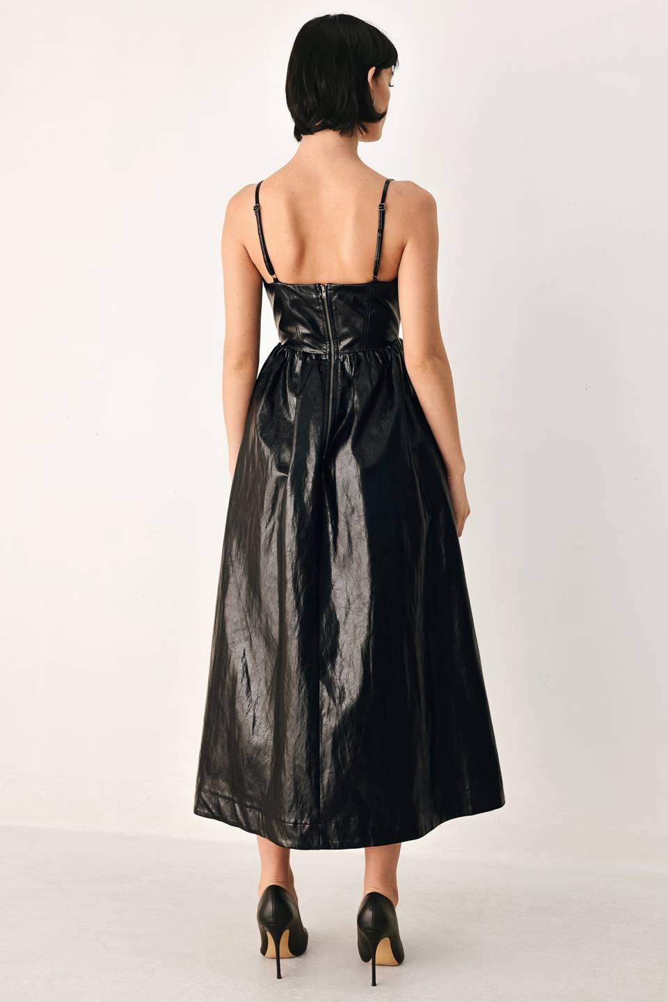 Black Leather-Look Corset Midi Dress with Pockets