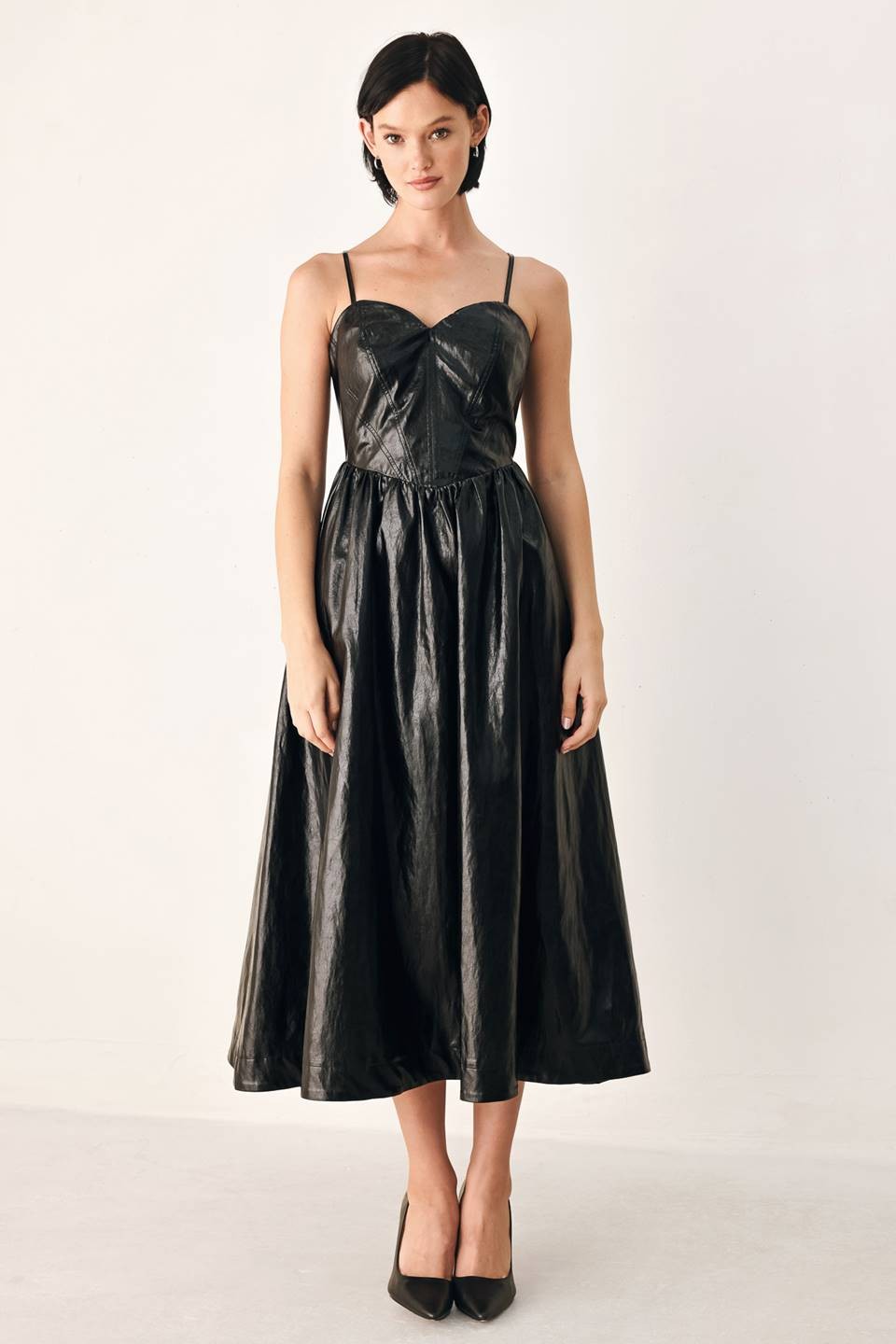 Black Leather-Look Corset Midi Dress with Pockets