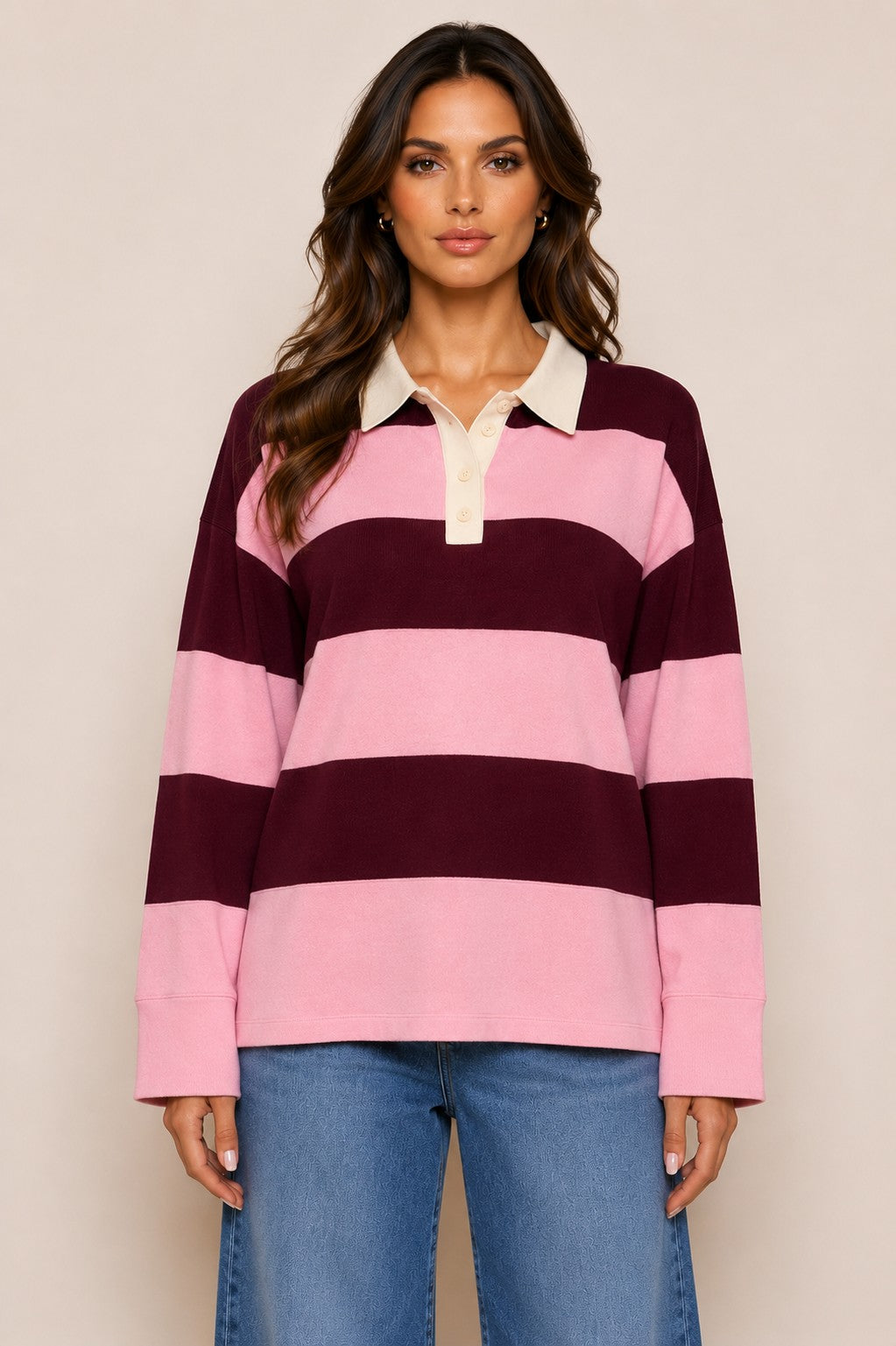 Long Sleeve Stripe Polo Sweater