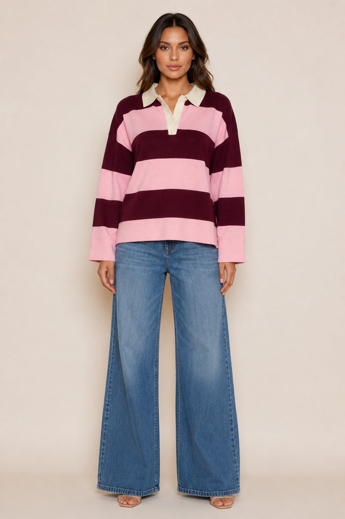 Long Sleeve Stripe Polo Sweater