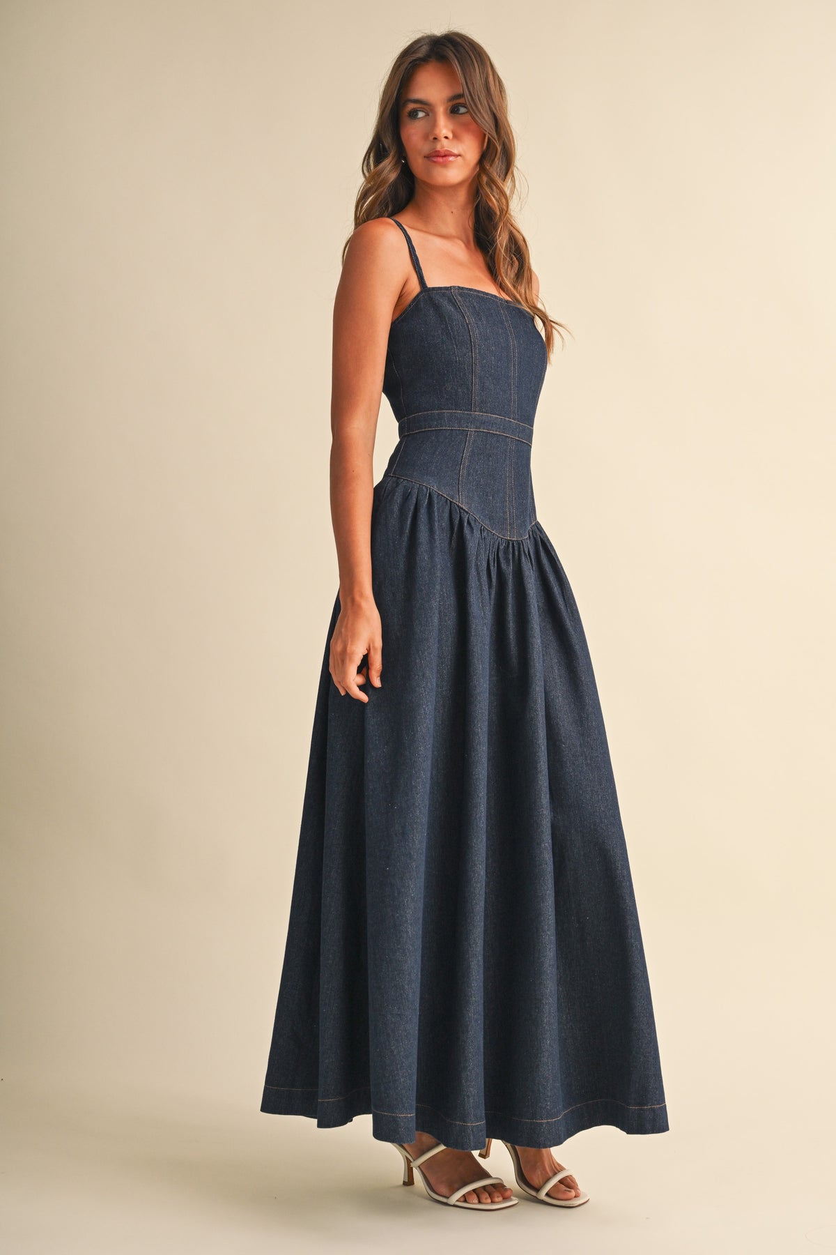 Denim Sleeveless Low Waist Flare Maxi Dress