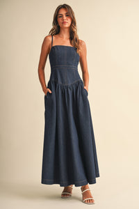 Denim Sleeveless Low Waist Flare Maxi Dress