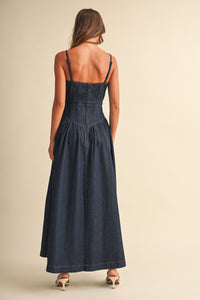 Denim Sleeveless Low Waist Flare Maxi Dress