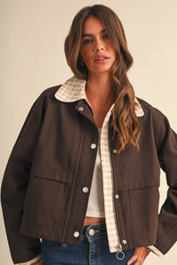 Cropped Workwear Jacket with Gingham Contrast Collar
