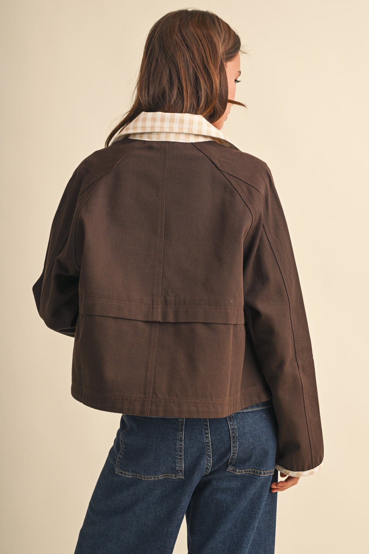 Cropped Workwear Jacket with Gingham Contrast Collar