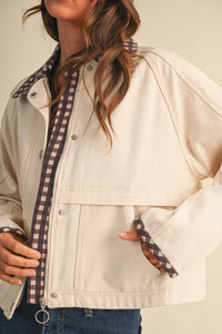 Cropped Workwear Jacket with Gingham Contrast Collar