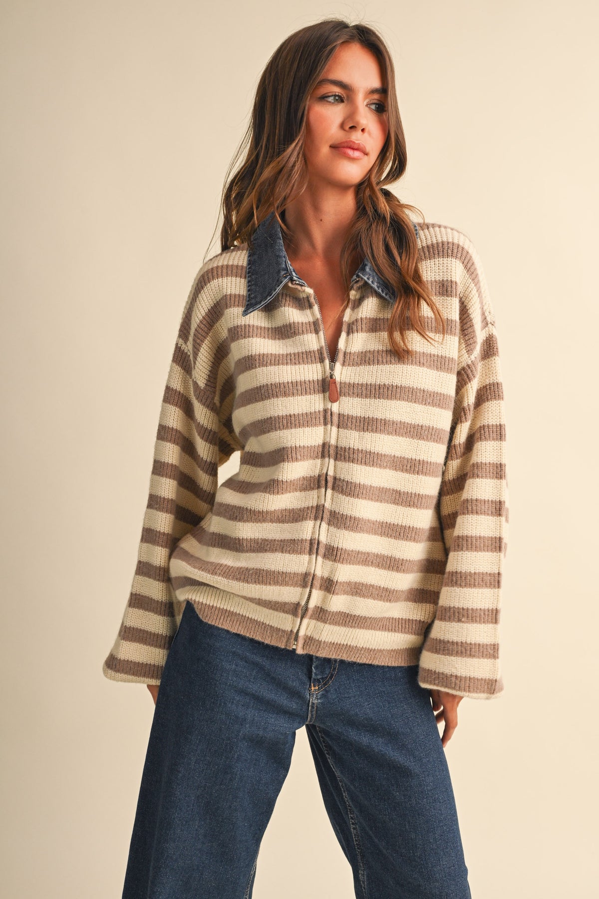 Cindy Denim Collar Knit Stripe Jacket