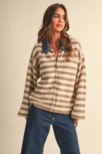 Cindy Denim Collar Knit Stripe Jacket