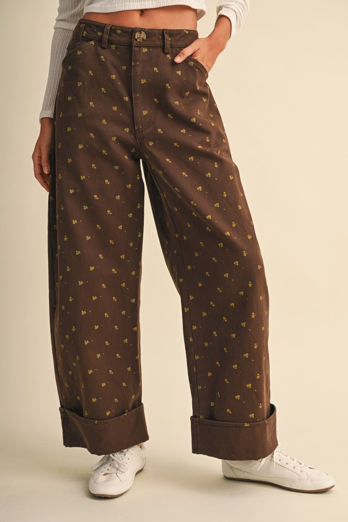 Ditsy Floral Print Folded Bottom Wide Leg Pants