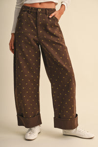 Ditsy Floral Print Folded Bottom Wide Leg Pants