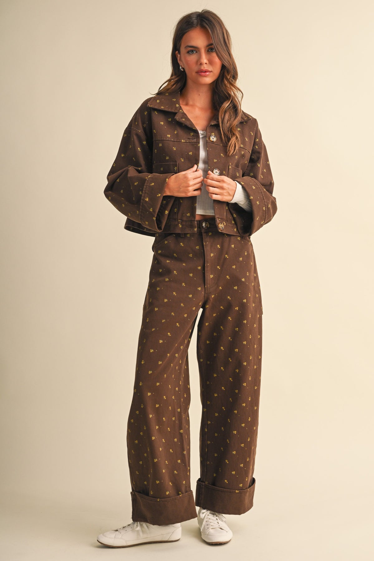 Ditsy Floral Print Folded Bottom Wide Leg Pants
