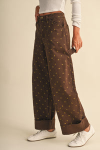 Ditsy Floral Print Folded Bottom Wide Leg Pants