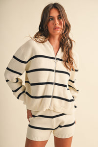 Stripe Knit Zip Jacket & Shorts Set