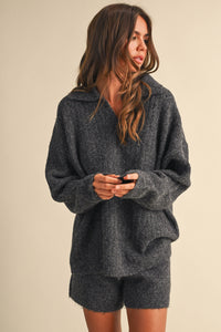 Cable Knit Polo Collar Sweater & Shorts Set