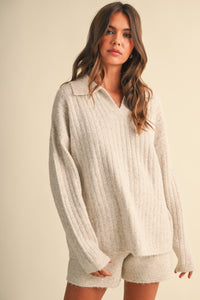 Cable Knit Polo Collar Sweater & Shorts Set