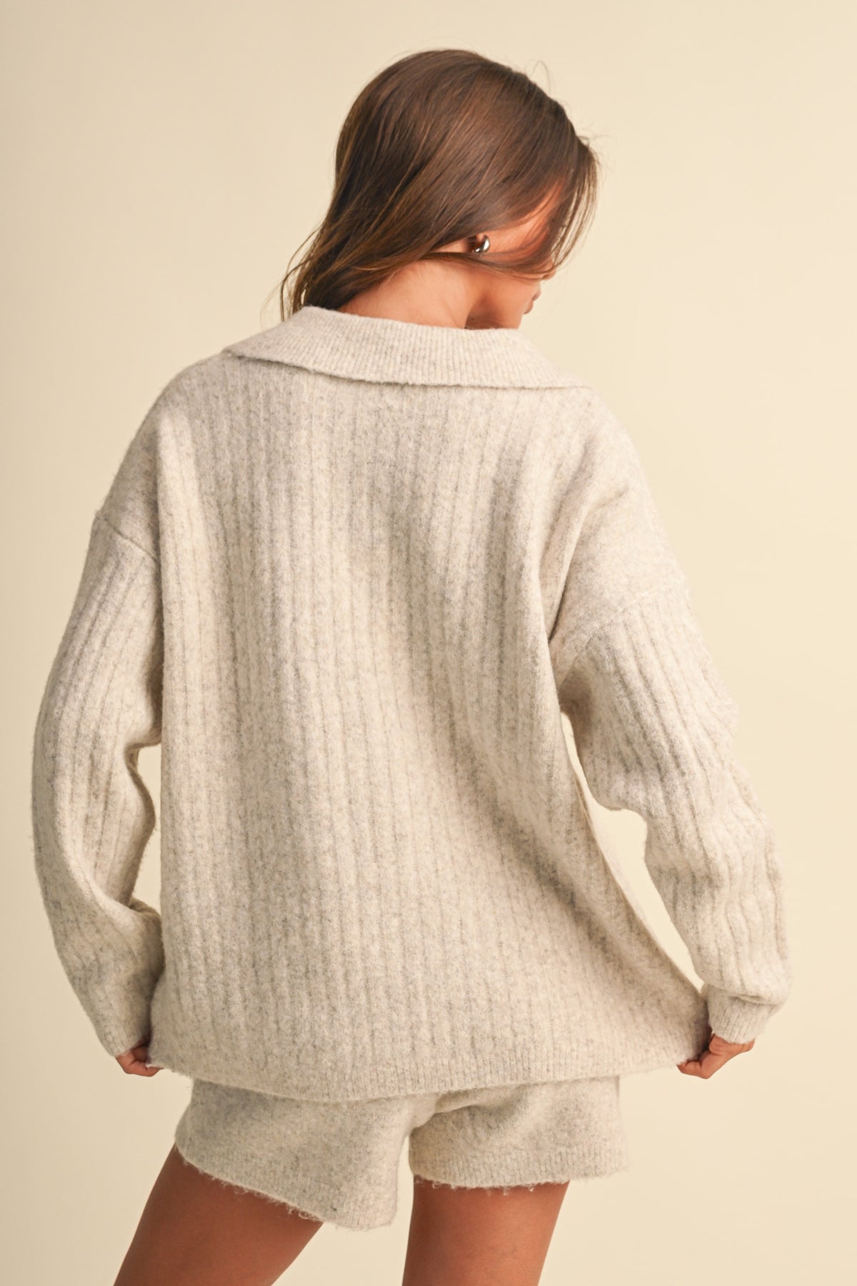 Cable Knit Polo Collar Sweater & Shorts Set