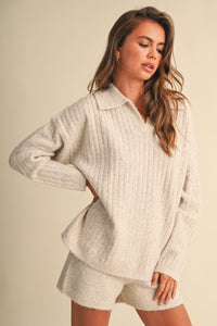Cable Knit Polo Collar Sweater & Shorts Set