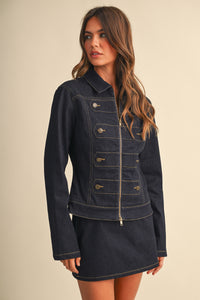 Raw Denim Military Jacket & Mini Skirt Set